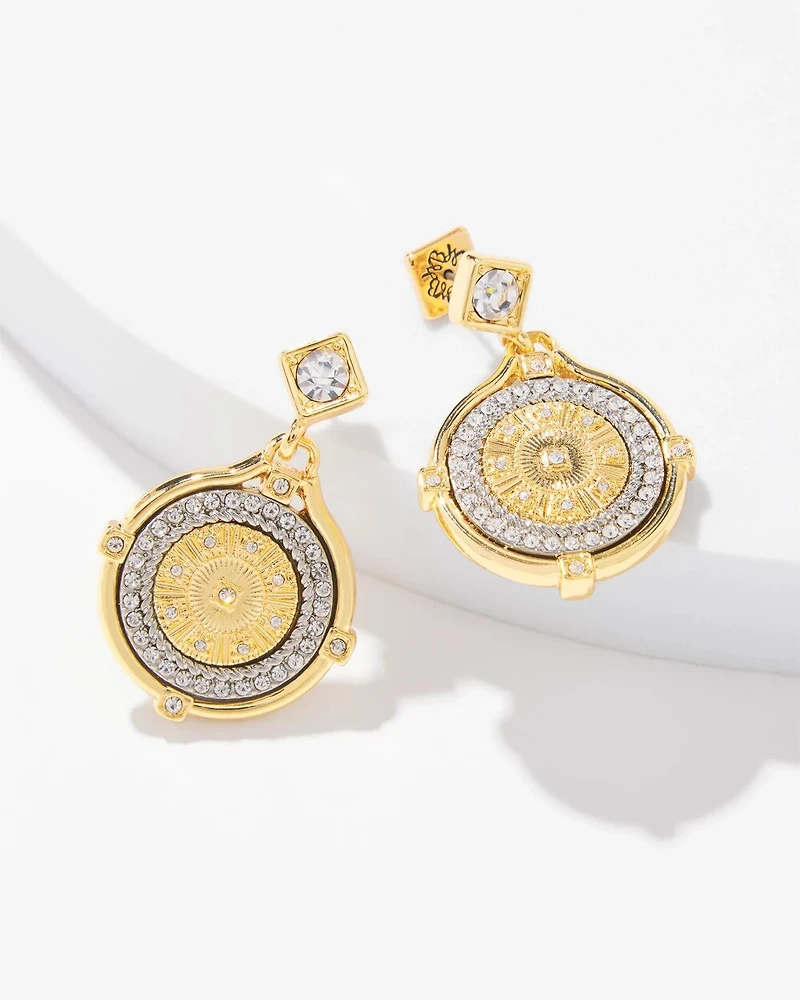 Mixed-Metal Pave Coin Drop Earrings