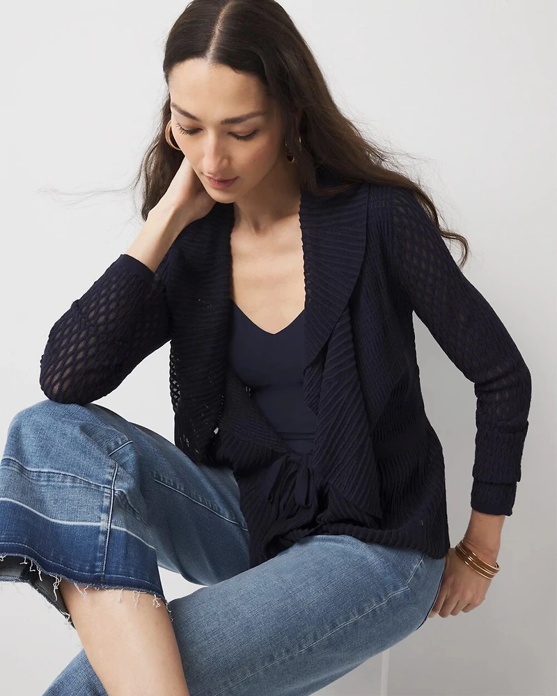 Petite Long Sleeve Pointelle Peplum Cardigan