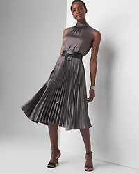 Tie-Neck Pleated Midi Dress