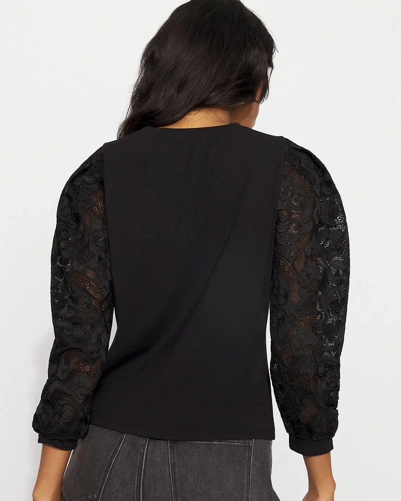 Pleated Lace Sleeve Crewneck Tee