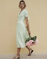 Tie-Sleeve Pleated Midi Dress