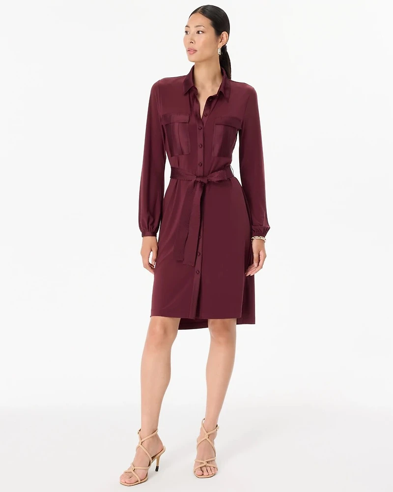 Long Sleeve Matte Jersey Shirtdress With Satin
