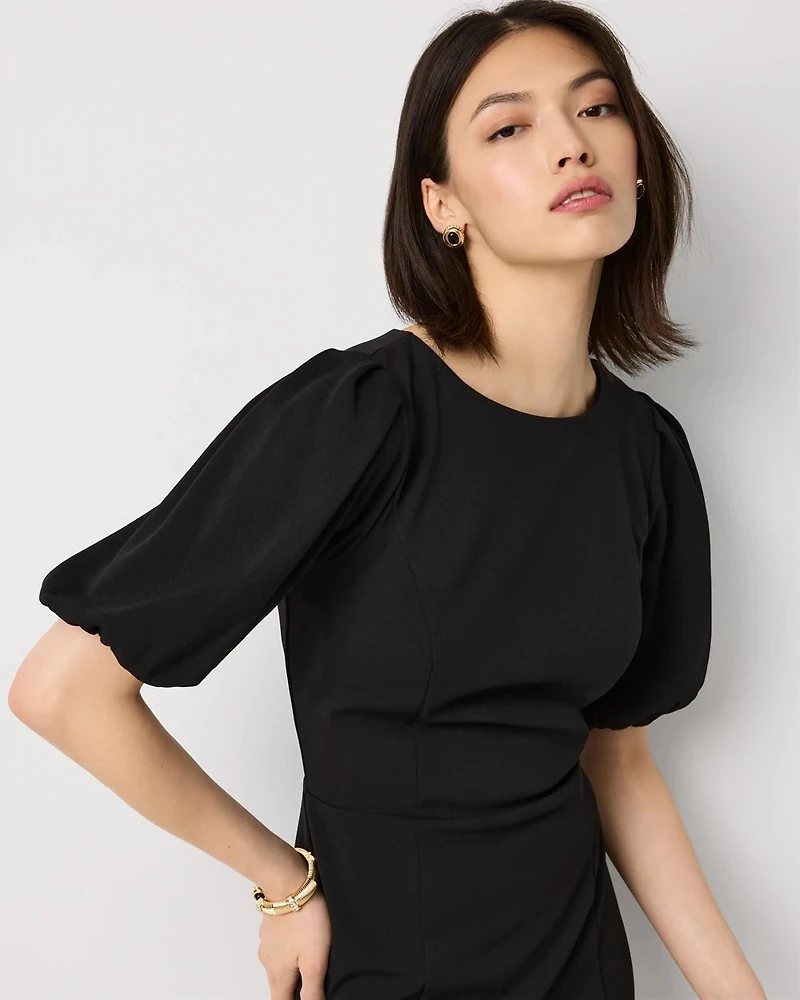 Puff Sleeve Midi Sheath Dress