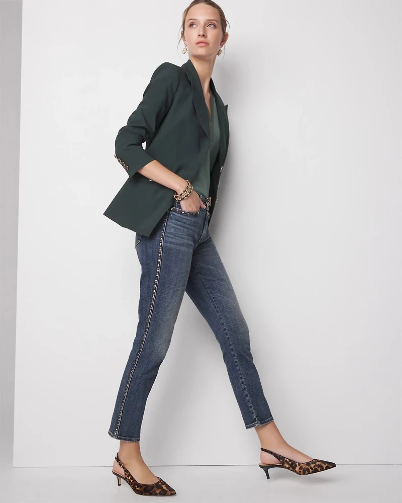Petite Mid-Rise Everyday Soft Denim Studded Girlfriend Jeans