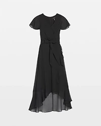 Short Sleeve Flutter Wrap Midi Dress