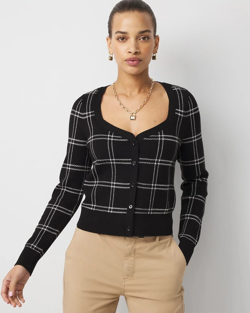 Sweetheart Neck Plaid Cardigan