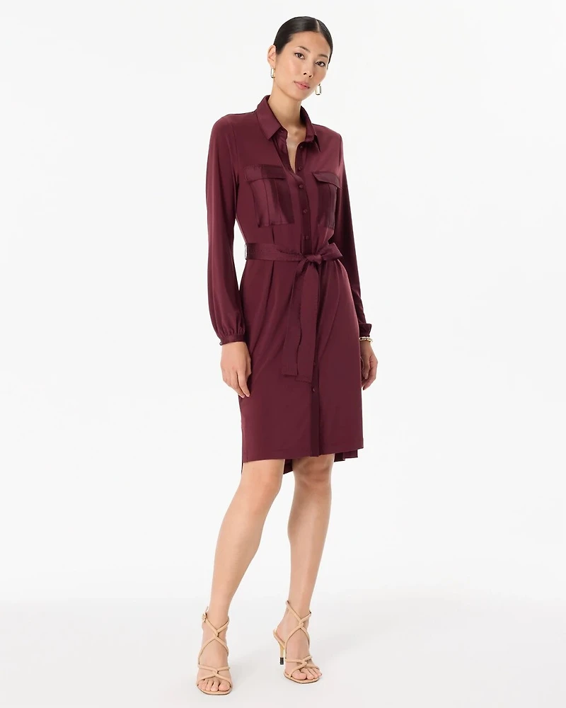 Long Sleeve Matte Jersey Shirtdress With Satin