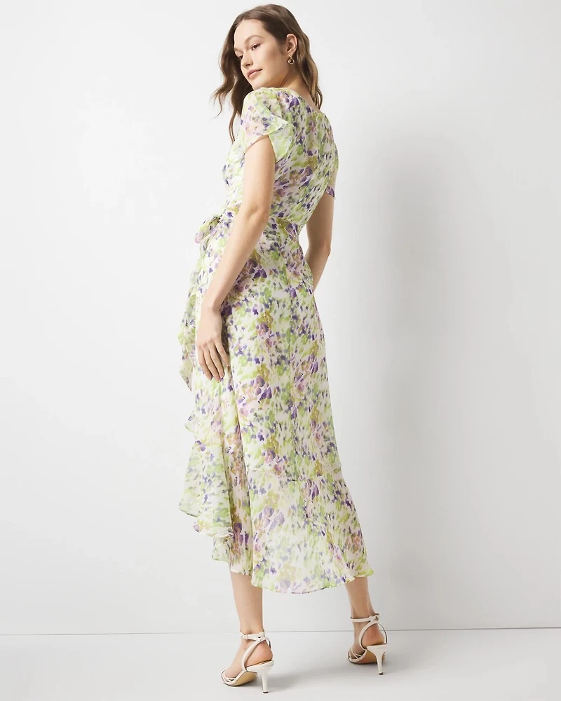 Short Sleeve Flutter Wrap Midi Dress