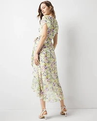 Short Sleeve Flutter Wrap Midi Dress