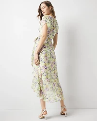 Short Sleeve Flutter Wrap Midi Dress