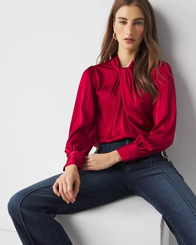 Long Sleeve Twisted Neck Satin Blouse