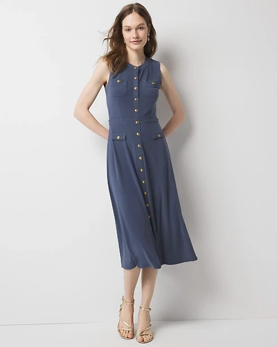 Petite Sleeveless Matte Jersey Crest Button Midi Dress