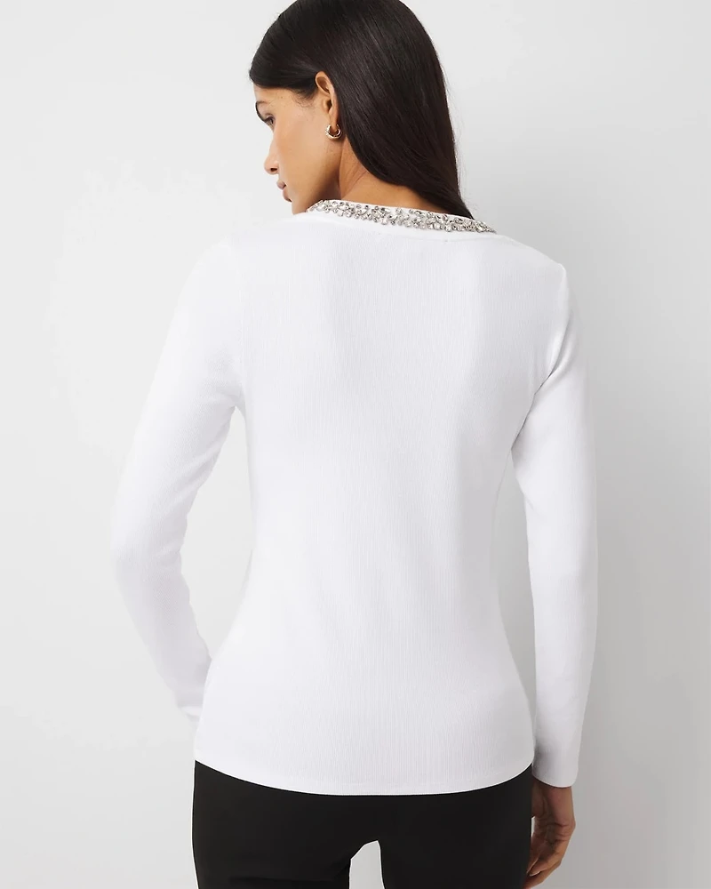 Rhinestone Scoop Neck Rib-Knit Tee
