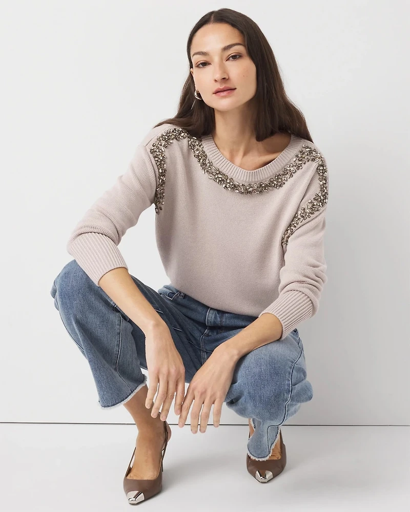 Petite Rhinestone Crewneck Sweater