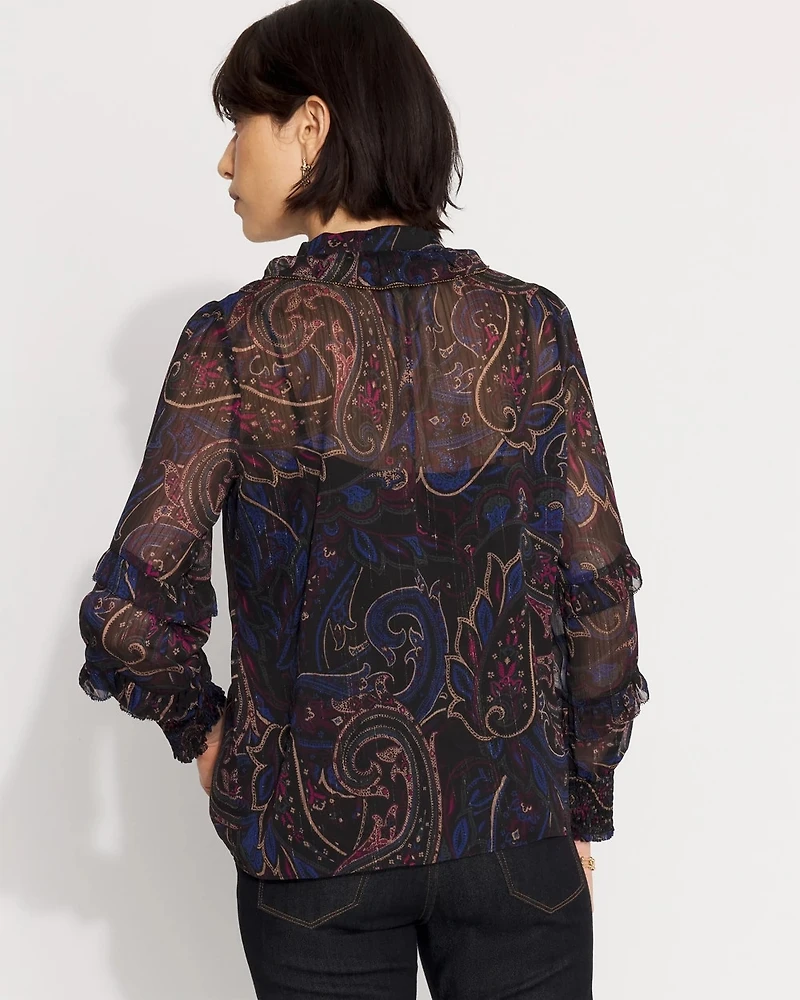 Jacquard Ruffle Sleeve Chiffon Blouse