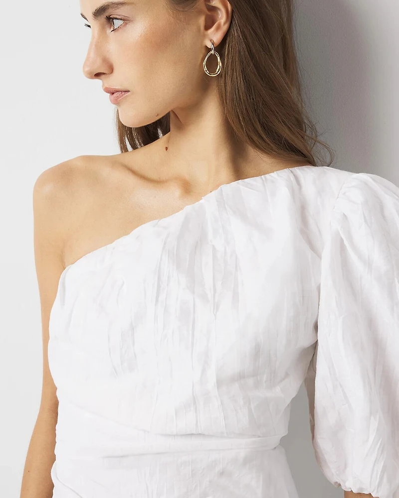 Petite One-Shoulder Bubble Hem Linen-Blend Dress