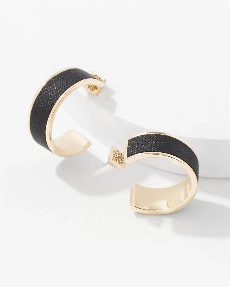 Black Textured Leather Small Hoop Earrings