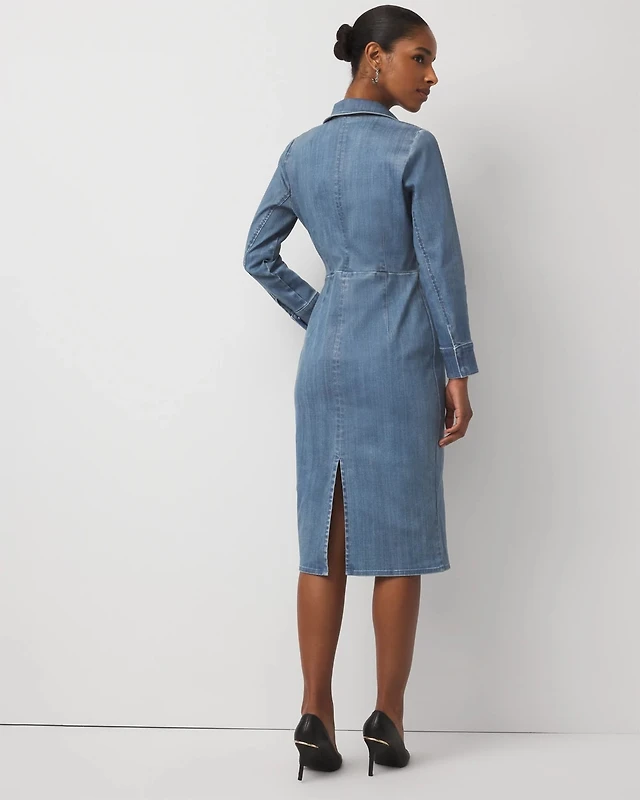 abercrombie denim midi dress Abercrombie & Fitch square neck fit & flare paneled denim midi dress in  indigo wash