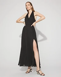 Petite Ikat Print + Lurex Maxi Halter Dress