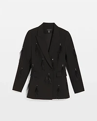 Feather Embellished Double-Breasted Blazer