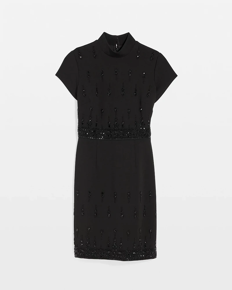 Mockneck Embellished Crepe Dress