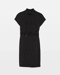 Mockneck Embellished Crepe Dress