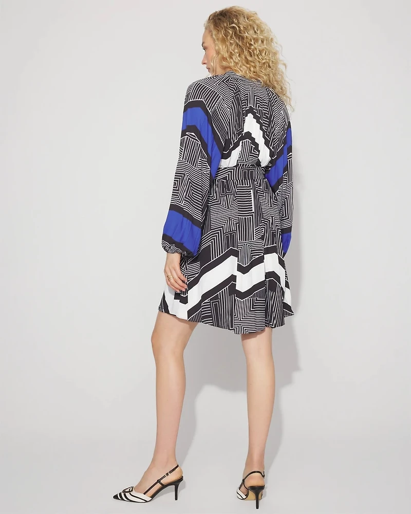 Long-Sleeve Pleated Belted Dress