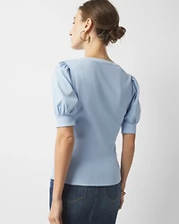 Poplin Puff-Sleeve Henley Top