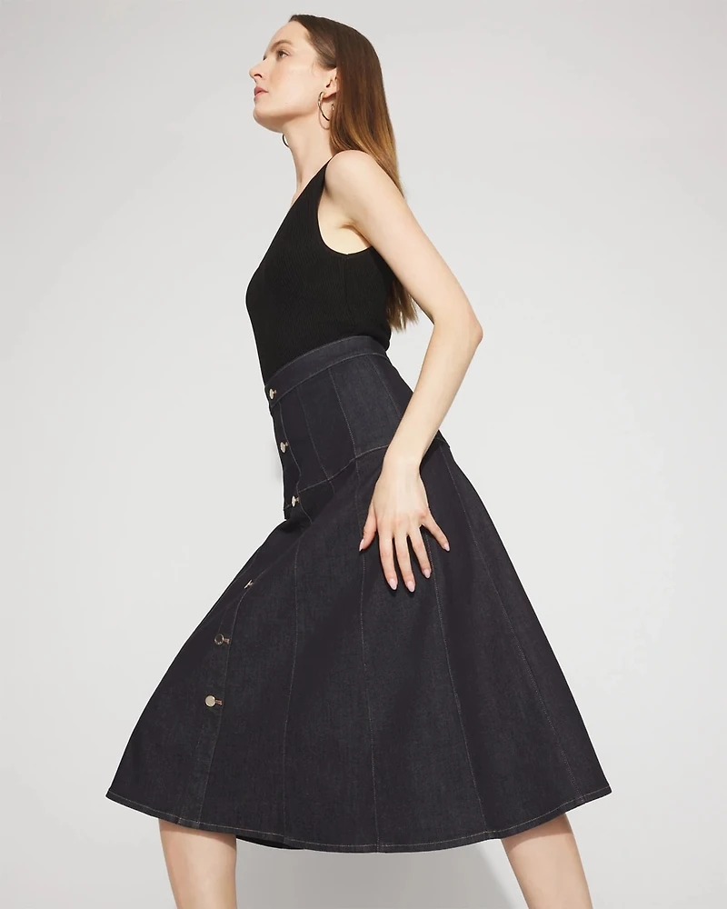 Petite Drop Waist Denim A-Line Midi Skirt