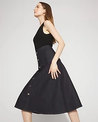 Petite Drop Waist Denim A-Line Midi Skirt