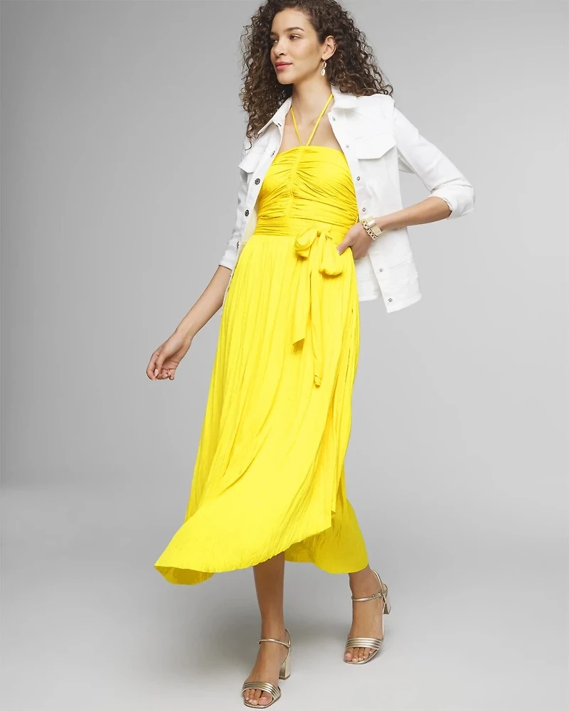 Strapless Pleated Tie-Waist Dress