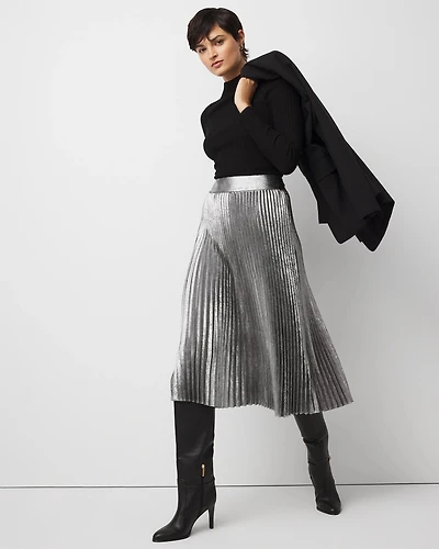 Pleated Chiffon Metallic Midi Skirt