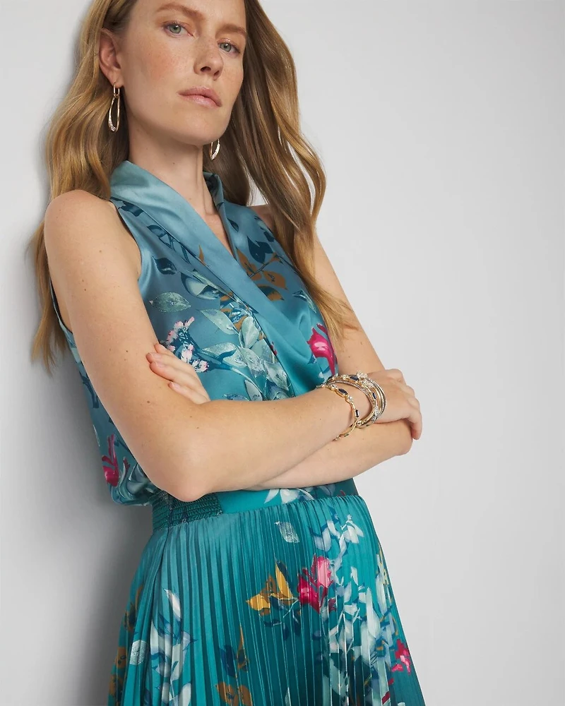 Petite Sleeveless Shawl Neck Pleated Midi Dress