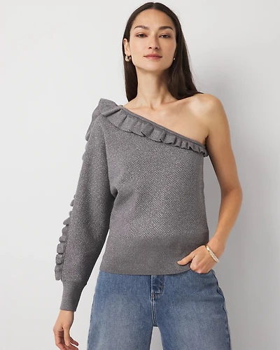 Metallic Ruffle One-Shoulder Sweater