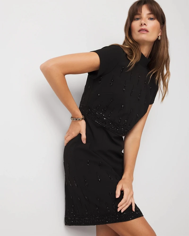 Mockneck Embellished Crepe Dress