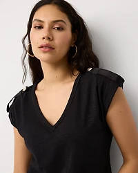 Satin Epaulet V-neck Tee