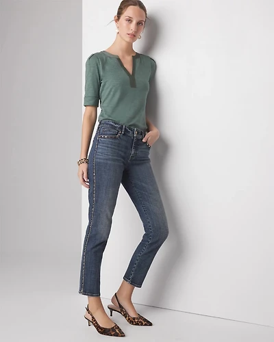 Petite Mid-Rise Everyday Soft Denim Studded Girlfriend Jeans