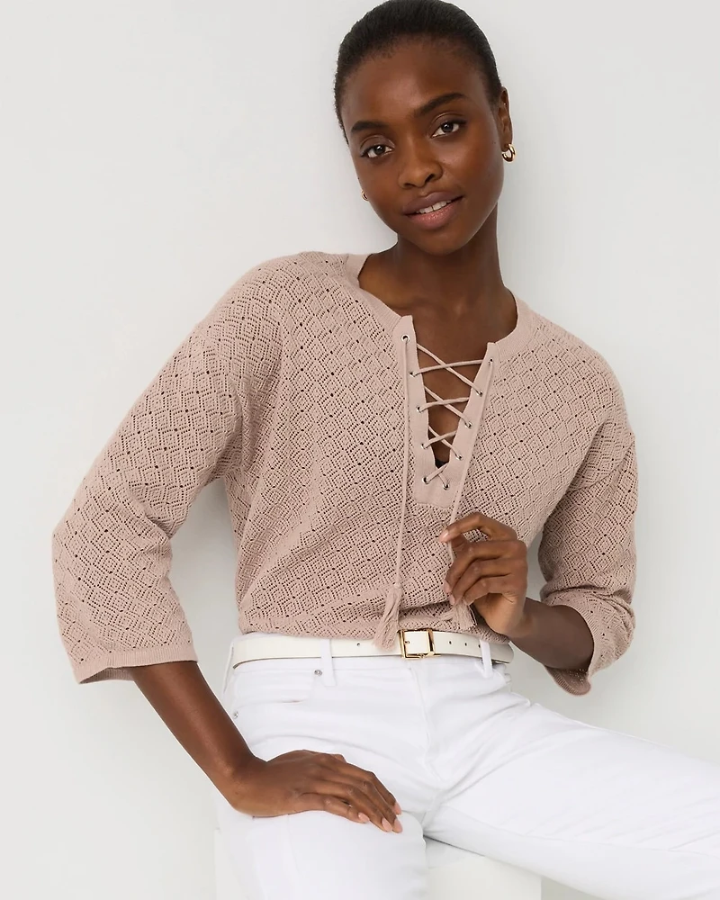 Lace-Up Notch Neck Pullover