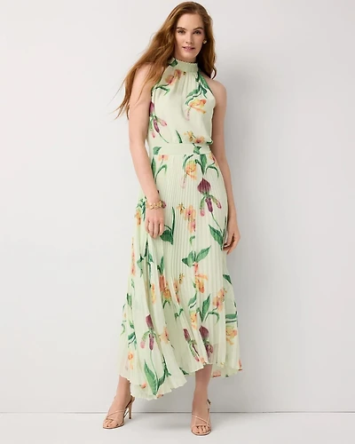 Sleeveless Pleated Halter Midi Dress