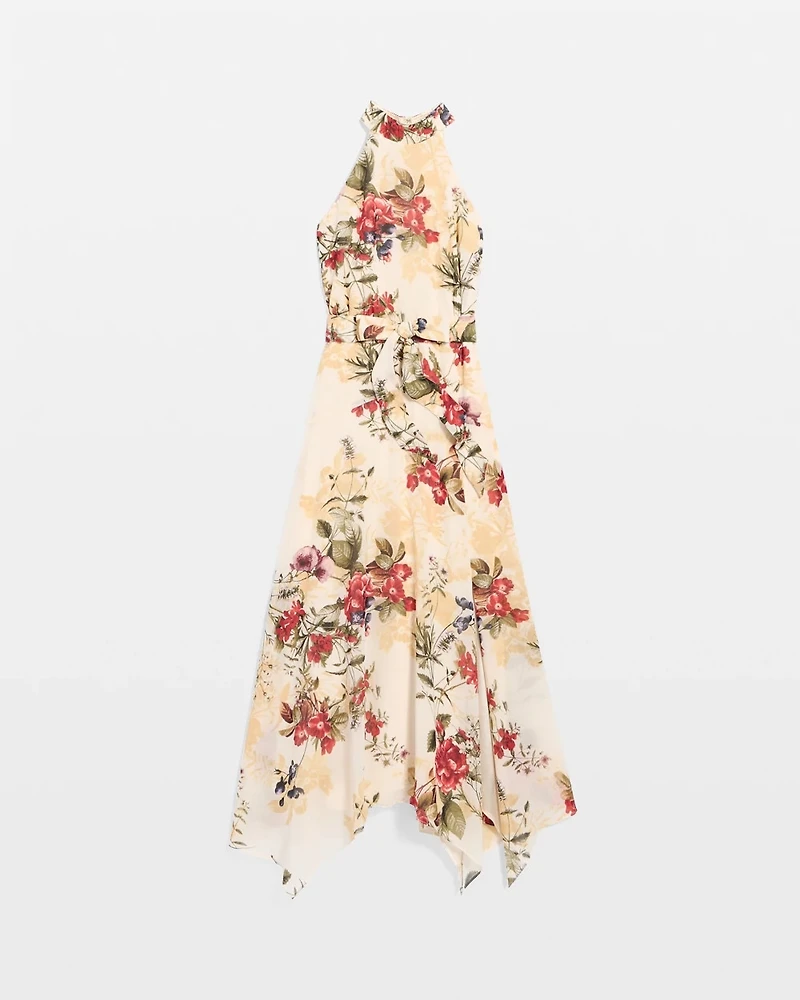 Handkerchief Hem Chiffon Halter Midi Dress