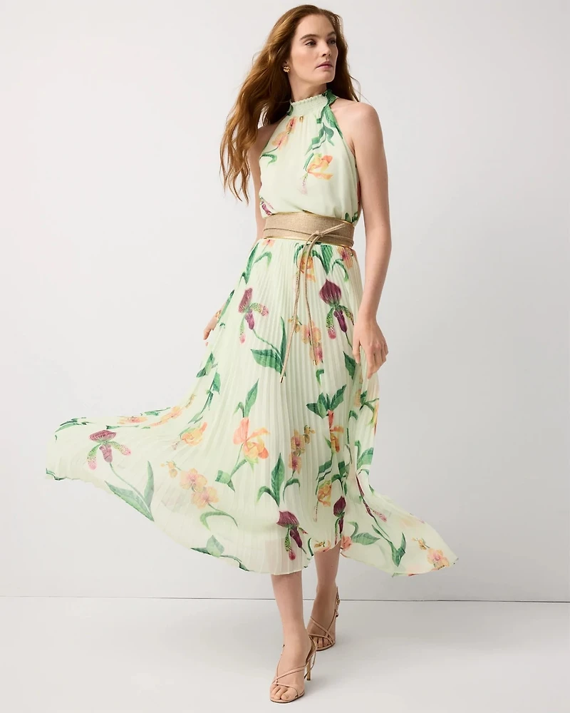Sleeveless Pleated Halter Midi Dress