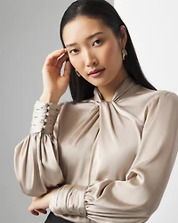 Long Sleeve Twisted Neck Satin Blouse