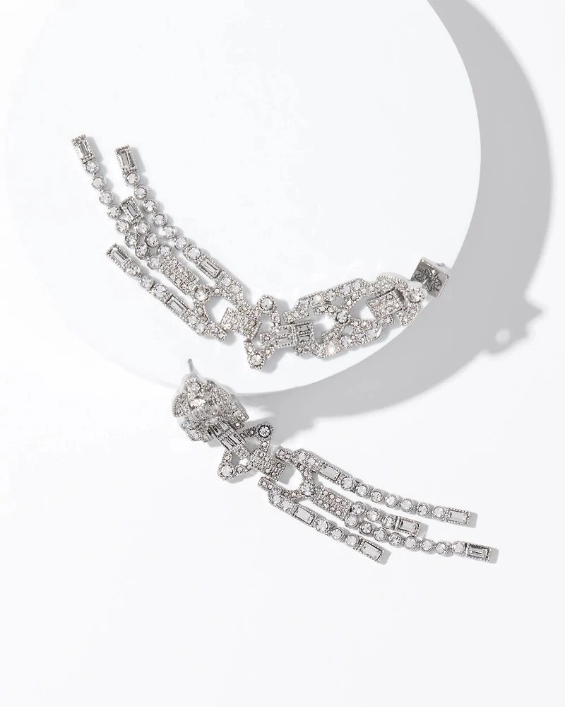 Art Deco Silvertone Crystal Linear Earrings