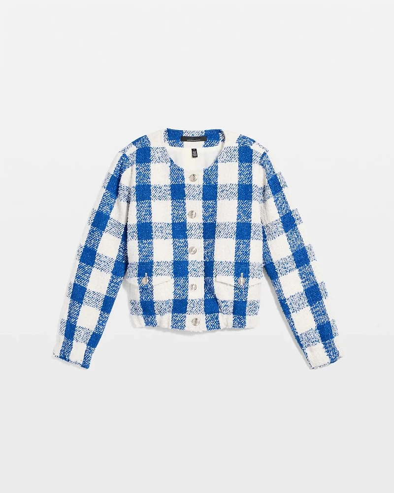 Petite Bouclé Plaid Bomber Jacket