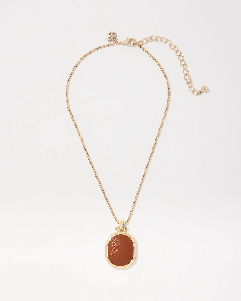 Cognac Textured Leather Pendant Necklace
