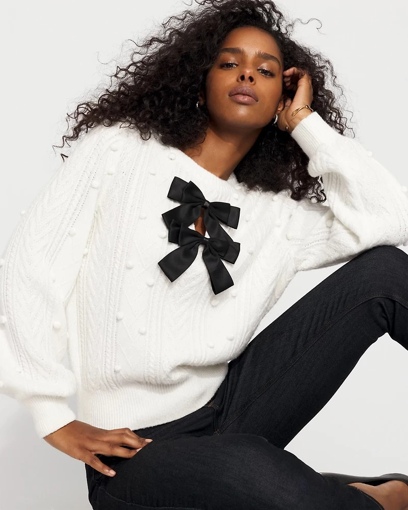 Petite Satin Bow Cable Knit Sweater