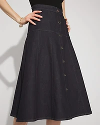 Petite Drop Waist Denim A-Line Midi Skirt