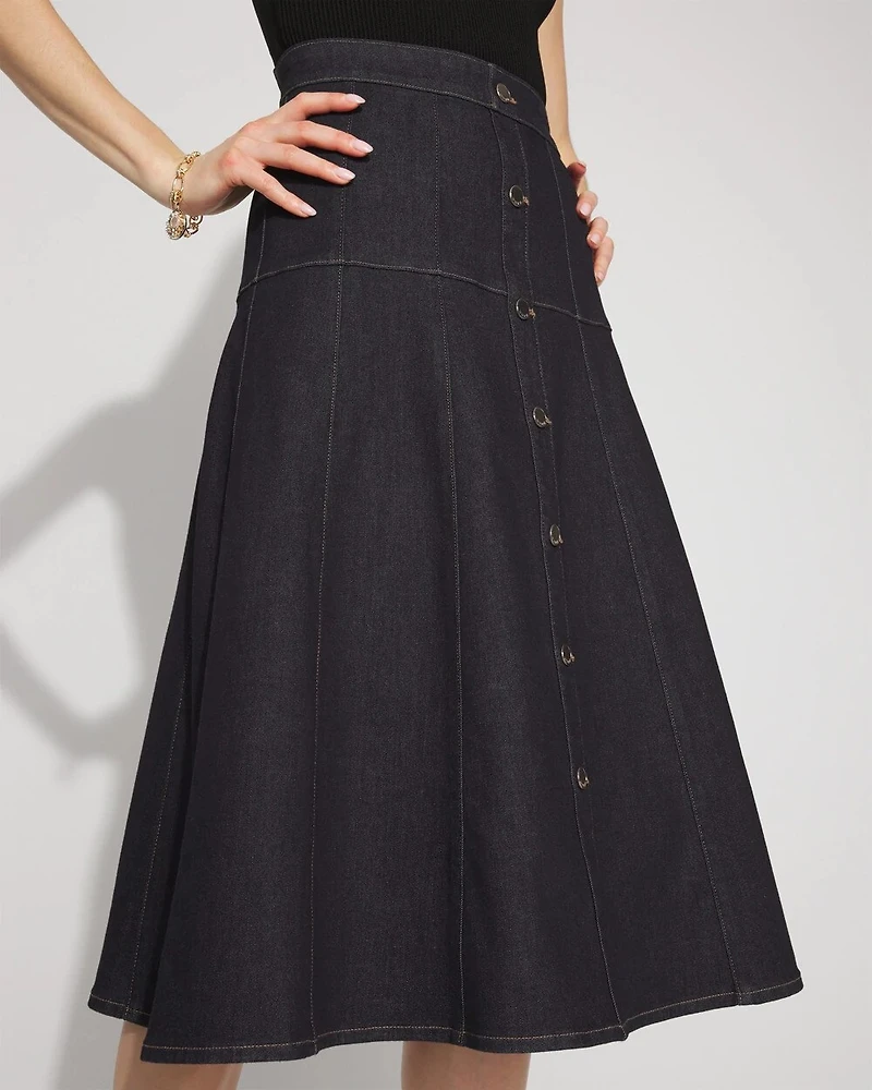 Drop Waist Denim A-Line Midi Skirt