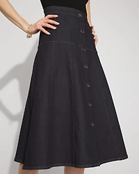 Drop Waist Denim A-Line Midi Skirt