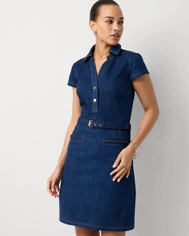 Petite Braided Trim Belted Denim Dress